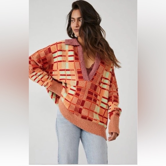 Free People Pullover Sweater Relaxed Fuzzy Ribbed Autumn Sunset Combo